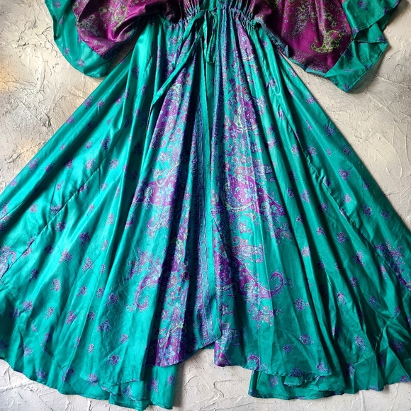 Handprinted Silk Authentic Designer Kimono Batik Long Maxi Dress Luxury Resort - Picture 5 of 16